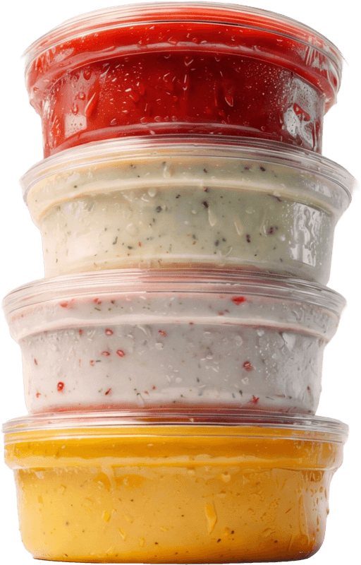 A stack of Sal's house-made dipping sauces